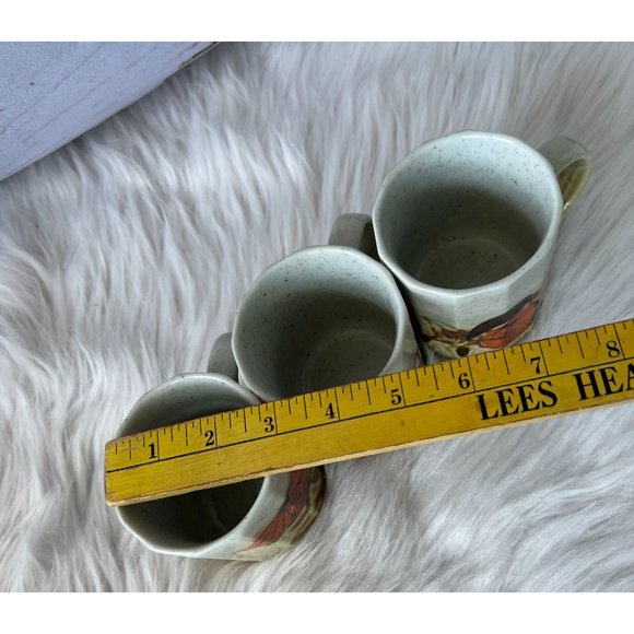 Set of 3 Vintage Japanese Stonewear Mugs, Earth tones with orange designs. - Picture 6 of 6